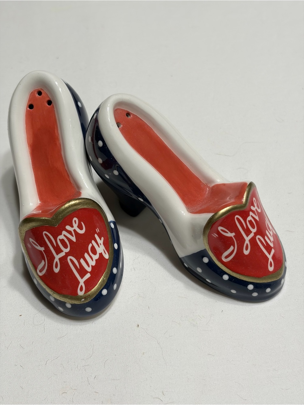 Polka Dot Ceramic Heart Heel Figurines in Navy and Red